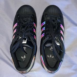 Black Adidas with Holographic Stripes Superstar Sneakers 🌈